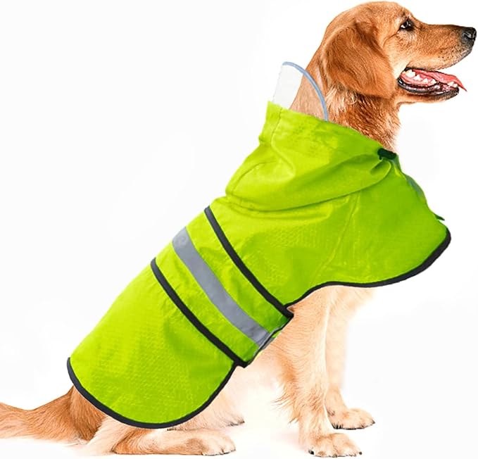 Dog Raincoat Waterproof Reflective Slicker - Lightweight Breathable Hooded Poncho Rain Coat Jacket with Adjustable Belly Strap and Leash Hole for Small Medium Large Dogs (Large, Green)