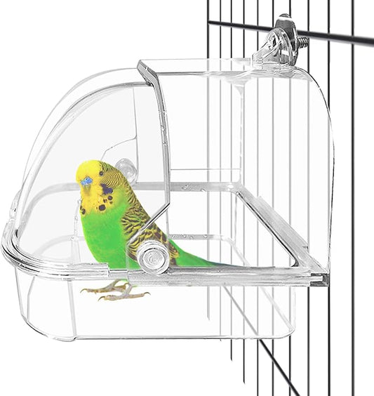Tfwadmx Bird Cage Bath Hanging Parrot Bath Tub Water Shower Food Feeder Holder Tray Bird Bath Supplies for Small Birds Canary Budgies Cockatiel Lovebirds (Transparent)