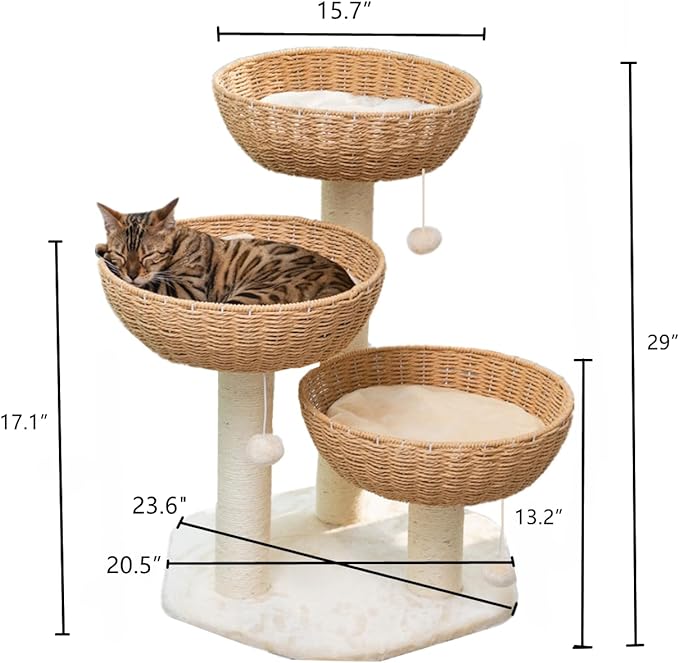SHENGOCASE Cat Tree Tower with Rattan Wicker Basket, 3 Handwoven Large Nest Baskets Bed, Window Perch for Large Cats up to 20LBS