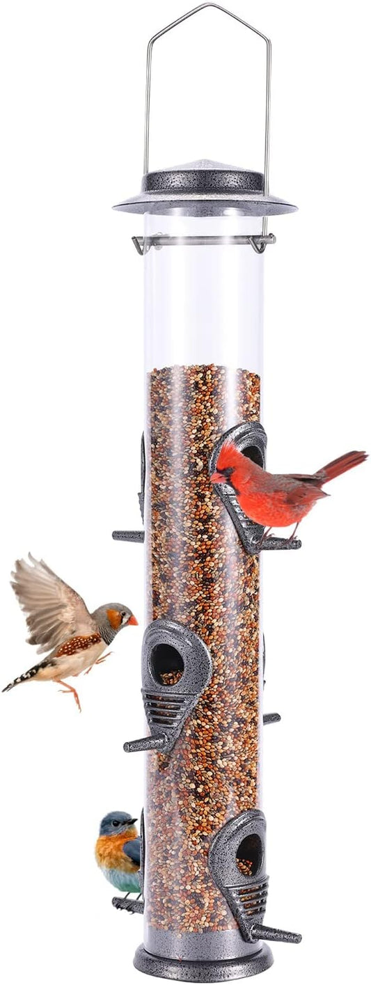 MIXXIDEA Metal Wild Bird Feeder, Squirrel Proof, Hanging 6 Port Tube Transparent Finch Feeder for Attracting Birds in Lawn, Garden, Balcony - Gray