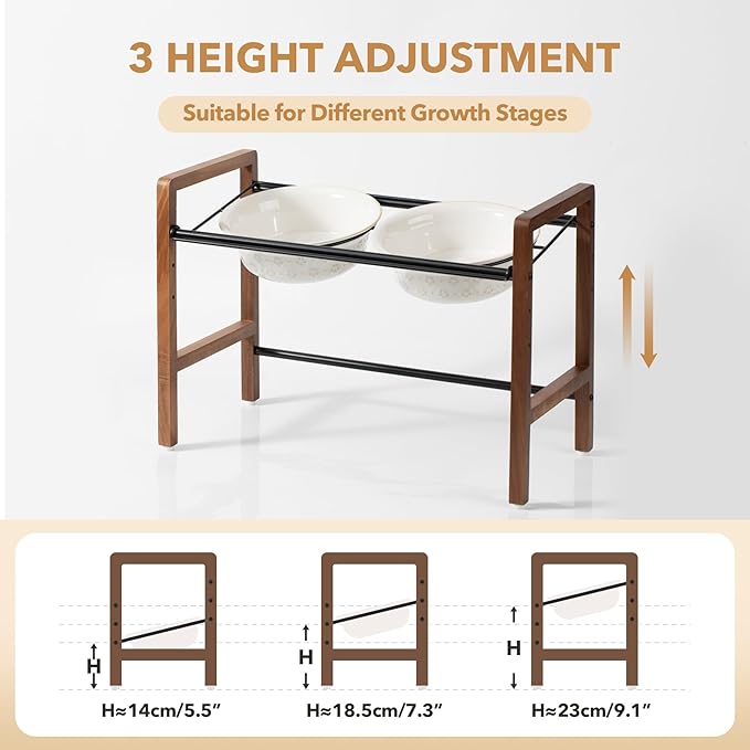 7.1inch Ceramic Adjustable Raised Double Bowls Set with Stand, 3 Heights Elevated, 2 Placement Options,Food and Water Bowls for Medium and Large Dog(Reactived Glaze -White)