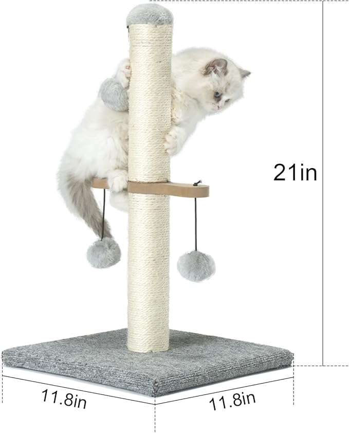 PAWSFANS Cat Scratching Post,Small Scratch Post for Indoor Kittens and Small Size Cats,with Hanging Ball Toys,21inches,Grey
