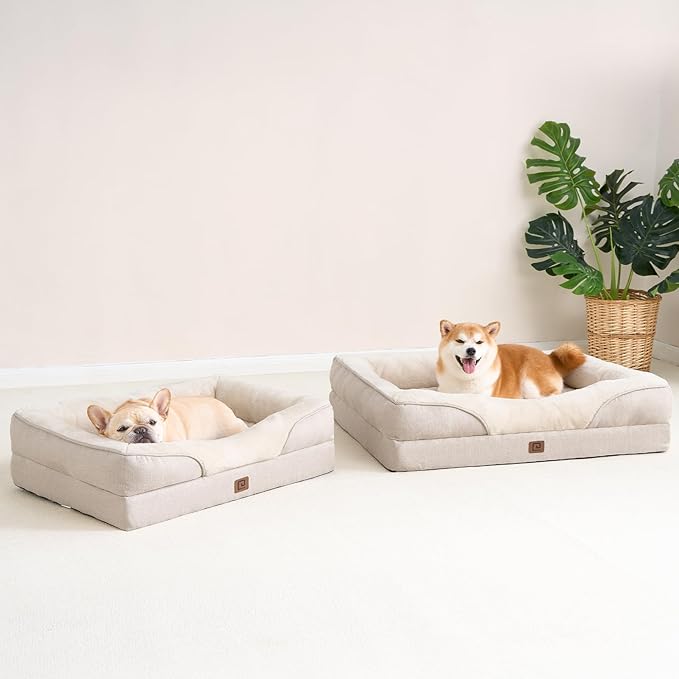 EHEYCIGA Memory Foam Dog Bed for Large Sized, Orthopedic Dog Sofa with Sides and Waterproof Liner, Washable Bolster Pet Bed Couch with Removable Cover, 36x27x7 Inch, Beige