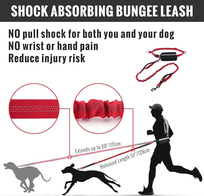 Plutus Pet Hands Free Dual Handle Retractable Bungee Leash with Reflective Stitches, Adjustable Waist Leash for Dog Walking Running Jogging, Medium Large Dogs