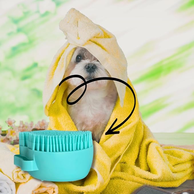 Dog & Cat Bath Brush with Built-In Shampoo Dispenser - 2-in-1 Silicone Pet Grooming Massage Brush for Anxiety Relief & Deep Cleaning - Luxury Spa Treatment (Yellow)
