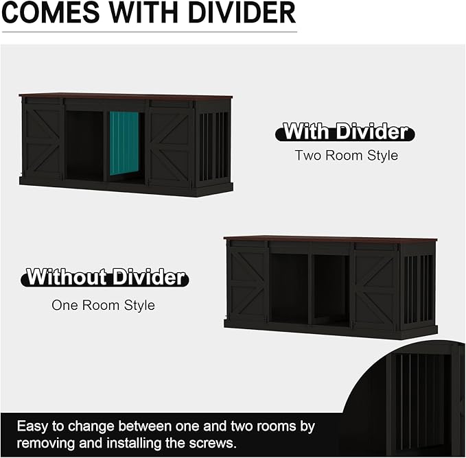 Dog Crate Furniture - Indoor Wooden Dog Kennel Furniture with Room Divider and Double Sliding Barn Doors - 71”x23.6”x31.5”H, Black