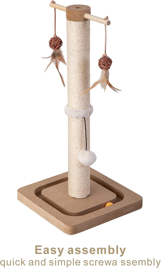 PEEKAB Cat Scratching Post Premium Sisal Scratch Posts with Tracking Interactive Toys Vertical Scratcher for Indoor Cats and Kittens- 25 inches Beige