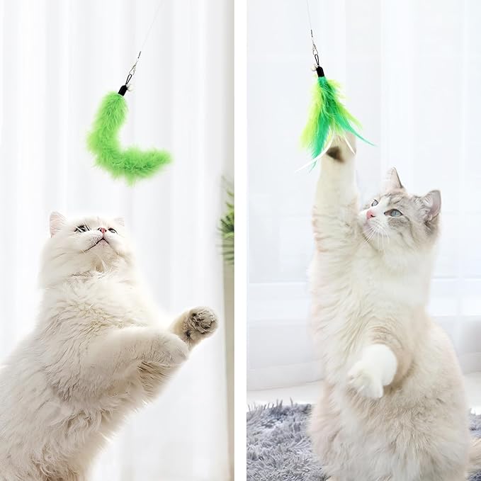 SONGWAY Cat Feather Wand - 7 Pcs Interactive Toys for Indoor Kitten, Retractable Wand With 6 Teaser Refills and Bell, Fishing Pole Toy, Green