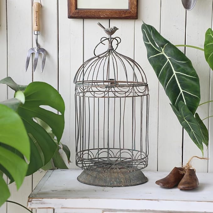 Rustic Vintage Birdcage Planter Holder Farmhouse Distressed Decorative Metal Round Plants Stand with Latch Lock Closure and Hanging Hook for Table Garden Patio Home Indoor Outdoor Centerpiece Decor