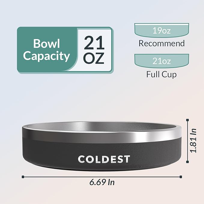 Coldest Dog Bowl - Anti Rust Metal, Non Slip, 3 Layers Insulated Stainless Steel Dog Bowls - Spill Proof & Heavy Duty - Water Bowl for Dogs, Cats & Pets, Dish Washer Safe (21 oz, Stealth Black)
