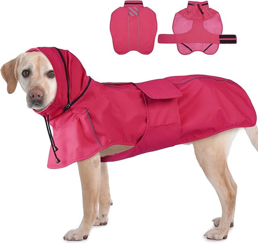 Dog Raincoat Waterproof , Reflective Adjustable Rain Jacket with Leash Hole, Convertible Hood/Collar Rain Coat for Dogs Poncho Breathable Lightweight (Neon Pink, XL)