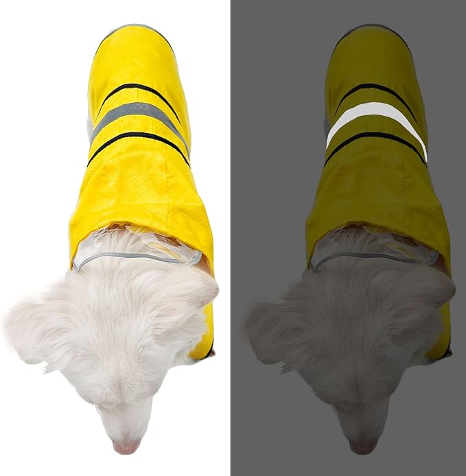 Dog Raincoat Waterproof Reflective Slicker - Lightweight Breathable Hooded Poncho Rain Coat Jacket with Adjustable Belly Strap and Leash Hole for Small Medium Large Dogs (X-Large, Yellow)