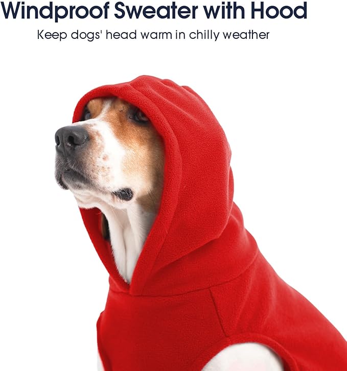 IECOii Dog Hoodie for Medium Dogs, Warm Fleece Dog Hoodies Sweater with Leash Hole and Pocket, Cozy Dogs Cold Weather Coat for Fall Winter Hooded Sweatshirt Vest for French Bulldog, Red, L