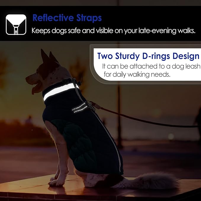 AOFITEE Dog Coat, Warm Dog Winter Coat, Reflective Cold Weather Dogs Puffer Jacket with Harness Built in, Waterproof Pet Fleece Vest Snowsuit for Small Medium Large Dogs, Navy L
