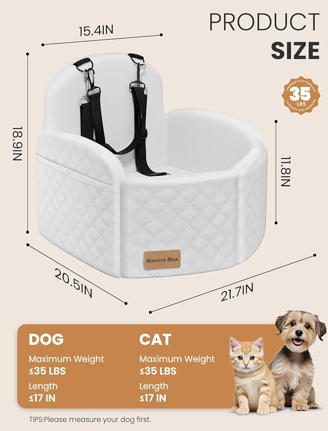 (Up to 35lbs Small/Medium Dog Car Seat Booster Dog Seat for Car Portable with Adjustable Seatbelts Pet Travel Car Bed Seat for SUV, Truck, with Memory Foam Cushion (White)