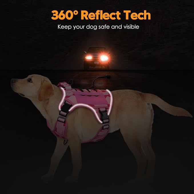 Heavy-Duty Tactical Dog Harness for Large Dogs, No Pull Adjustable Reflective Pet Vest with Molle System, K9 Military-Grade Control for Service Training, Outdoor & 10+ Breeds, Pink Camo, XX-Large