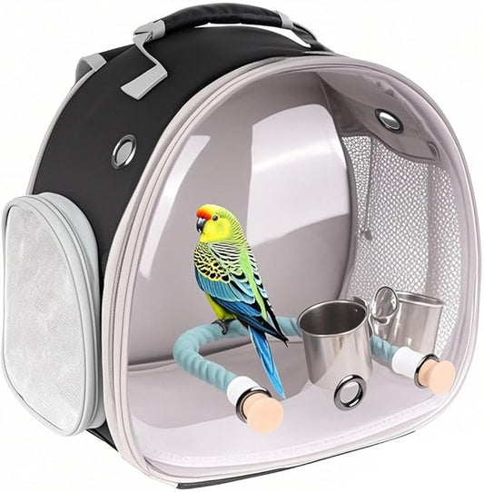 halinfer Small Bird Travel Backpack Carrier Cage with Cups, Backpack to Transport Backpack Carrier with Clamp Cups Stand Perch for Parakeet Cockatiel Budgies Vet Carry Book Bag Black