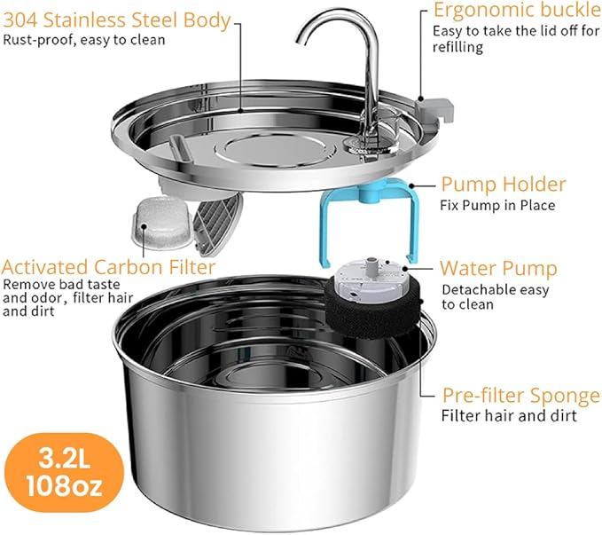 2.0 Large Capacity Stainless Steel Cat Water Fountain – 4L/135oz Indoor Automatic Pet Water Fountain for Cats, Ultra-Quiet Pump, Water Level Indicator, Multi Cat Metal Water Dispenser Bowl