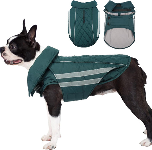 Dog Coat for Large Dogs Waterproof Winter Jacket with Harness Hole Turtleneck Hook & Loop Snowsuit Warm Fleece Dog Jacket for Cold Weather Windproof, Green XL