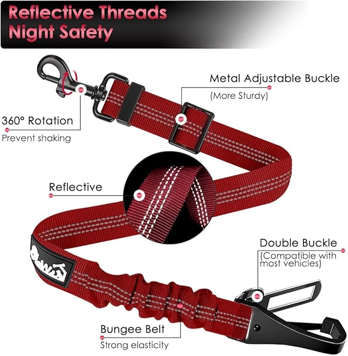 SlowTon 2 Pack Dog Seat Belt, 2 in 1 Attachment, Hook Latch Bar or Seatbelt Buckle with Elastic Nylon Bungee Buffer Adjustable Reflective Nylon Safety Belt Tether Connect to Dog Harness (2pack-R)