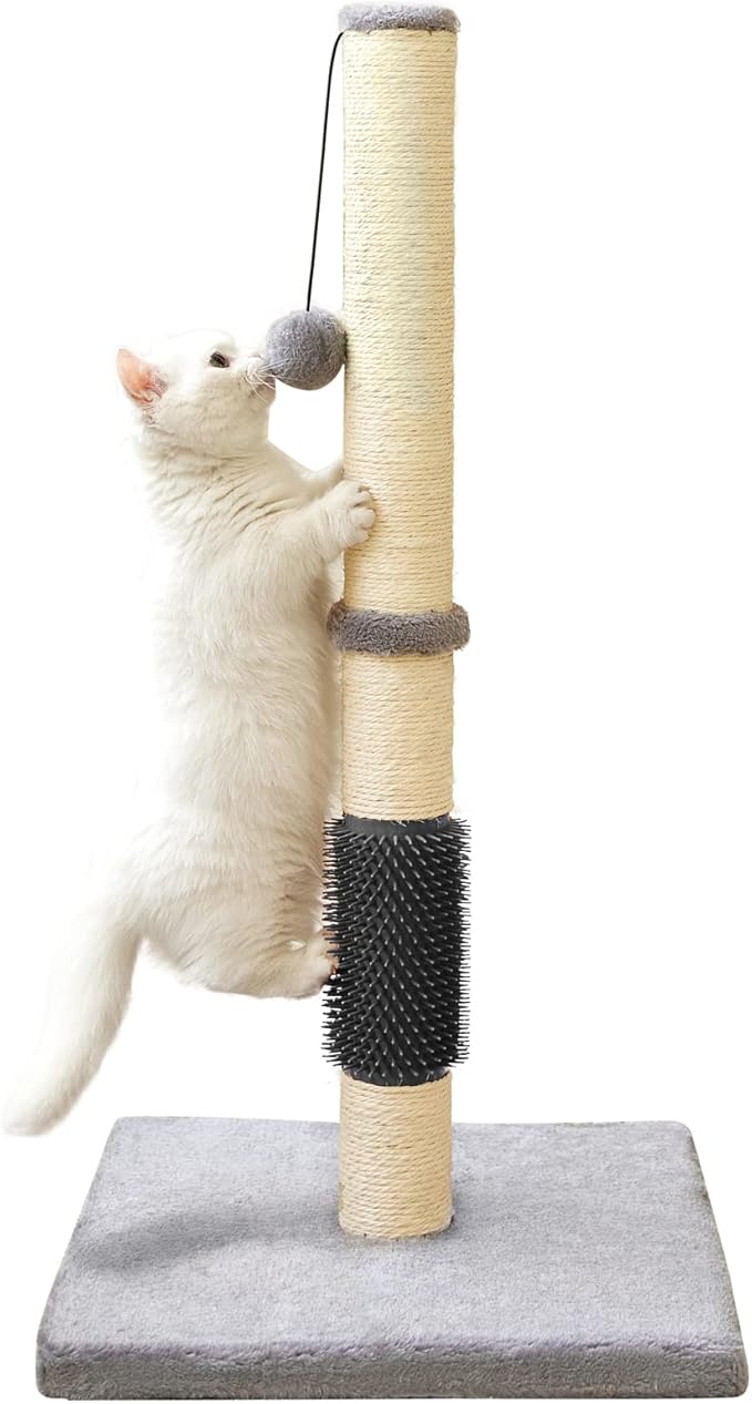 MeowHomm 32" Cat Scratching Post with Self Groomer Cat Brush, Sisal Rope Tall Cat Scratching Post with Soft Hanging Ball for Indoor Cats, Cat Claw Scratcher Covered with Soft Smooth Plush