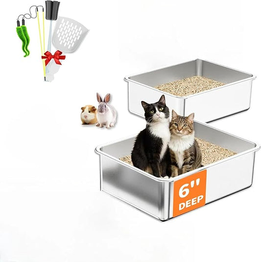 Stainless Steel Litter Box Set- [4-in-1] Cat Litter Box with Litter Scoop, Brush, Cat Wands, Non-Sticky Metal Litter Box for Cat, Kitty, Rabbit, Odorless, Easy Clean (17.7“ x 13.8" x 6",2 Pack)