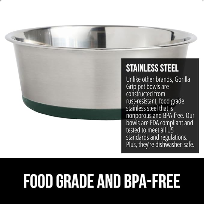 GORILLA GRIP Set of 2 Dog Bowls, Heavy Duty Metal Food and Water Bowl for Feeding Dogs and Cats, Dishwasher Safe, Rust Resistant Stainless Steel, BPA Free Rubber Base, Holds 2 Cups (16 fl oz), Green