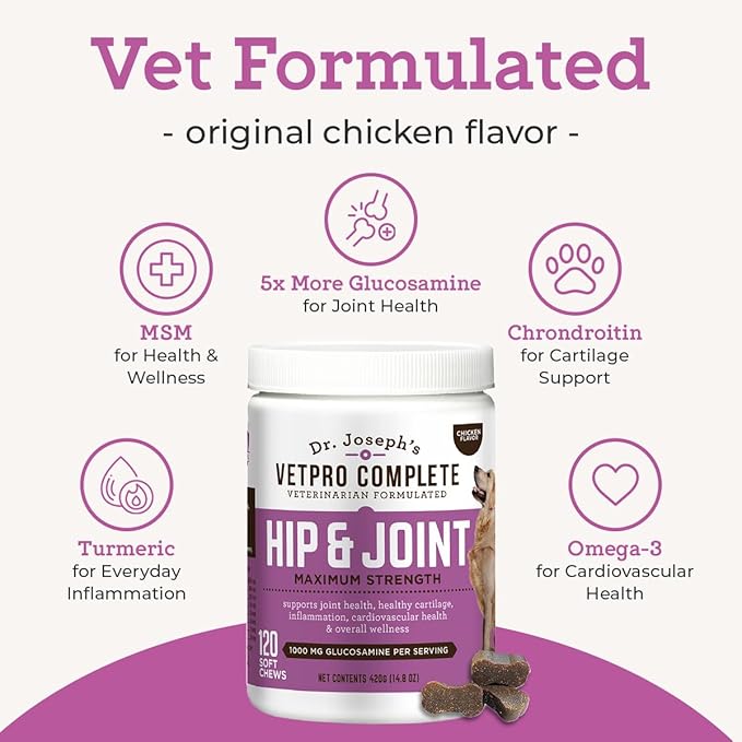 Dr. Joseph's VetPro Complete Dog Hip and Joint Supplement, 120 Count, Chicken Flavored Pain and Inflammation Relief Chews with Glucosamine, Chondroitin, MSM, Turmeric, Vitamin C, Omega 3