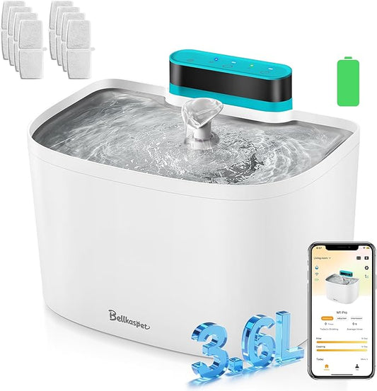 Cat Water Fountain, App Control Cat Fountain, 122oz/3.6L Pumpless Water Fountains for Cats Indoor with Stainless Steel Tray, Wi-Fi Dog and Pet Water Fountain (White, Fountain+8 Fliters)