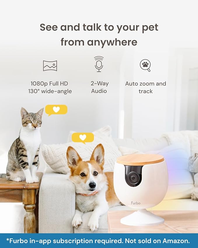 Furbo Mini Pet Camera - Unlock Camera & Smart Features w/Paid Plan: Home Security with Dog & Cat Safety Alerts, 2-Way Audio, Mountable Smart Cam w/Phone App (Subscription Required, 3mo Minimum)