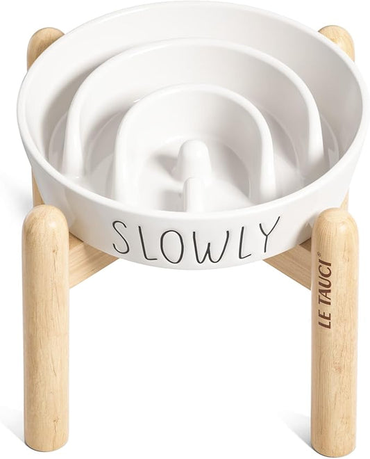 Slow Feeder Dog Bowls - 3-Cup Raised Ceramic & Wood Stand for Medium-Large Breed, White
