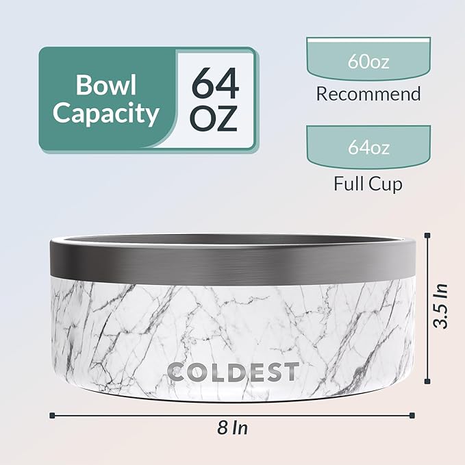 Coldest Dog Bowl - Anti Rust Metal, Non Slip, 3 Layers Insulated Stainless Steel Dog Bowls - Spill Proof & Heavy Duty - Water Bowl for Dogs, Cats & Pets, Dish Washer Safe (64 oz, Carrara Marble)