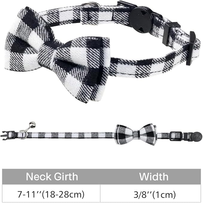 Joytale Upgraded Cat Collar with Bells, Breakaway Cat Collars with Bow Tie, 1 Pack Girl Boy Safety Plaid Kitten Collars, Black