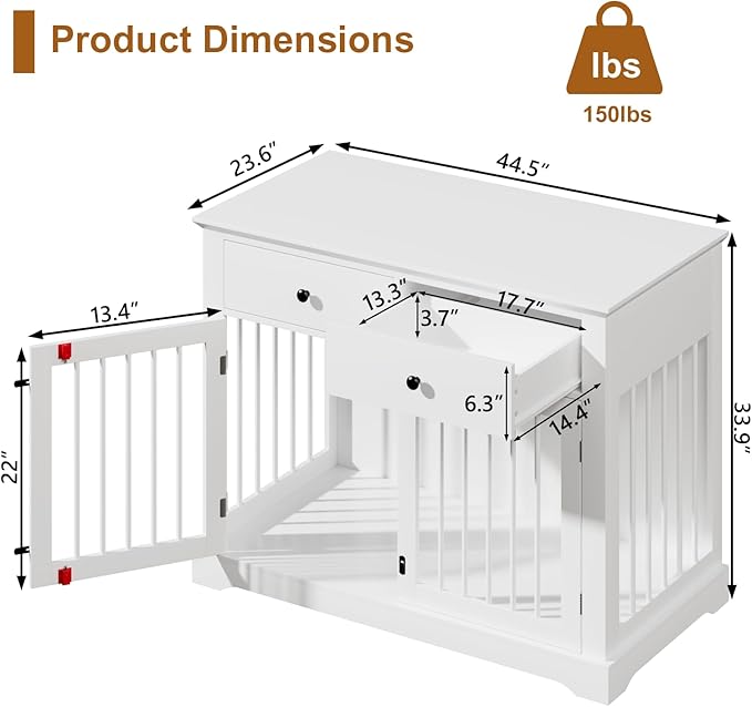 PUKAMI 44inch Dog Crate Furniture with Drawers,Wooden Dog Kennel Furniture for Large Breed,White End Table Wood Dog House for Indoor use,for Small/Medium/Large Dog