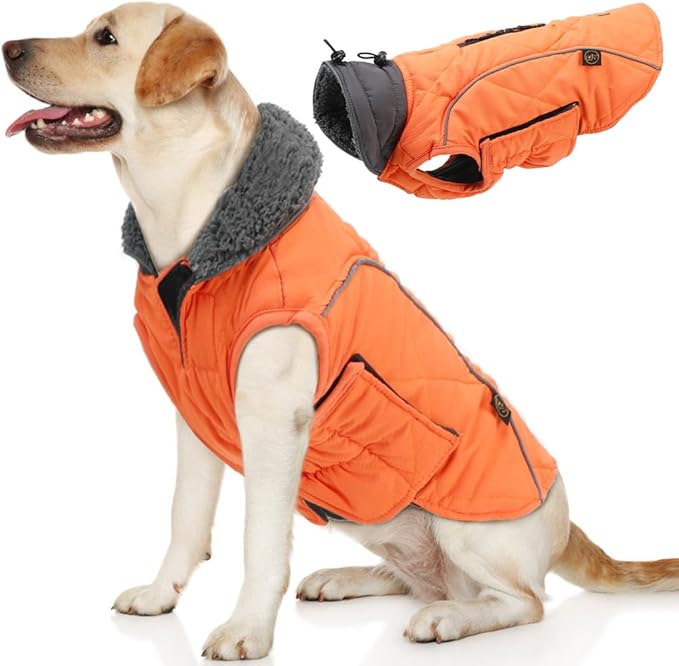 EMUST Winter Dog Coat for Medium Boys - Thick Clothes with Harness Hole for Cold Weather, Orange, M
