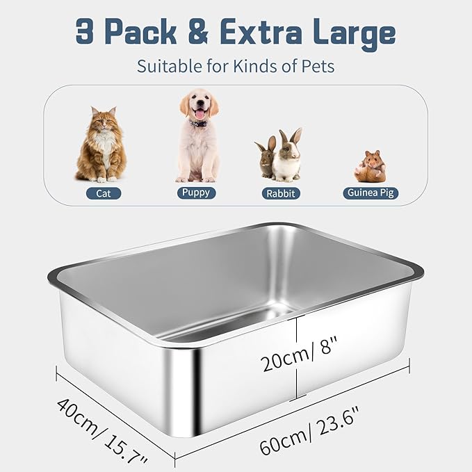 Stainless Steel Cat Litter Box, 3 Pack 23.6"x15.7"x7.9" XXL Metal High Sided Litter Pan, Extra Large Stainless Steel Box Splash-Proof and Non-Stick Cat Poop Box odorless