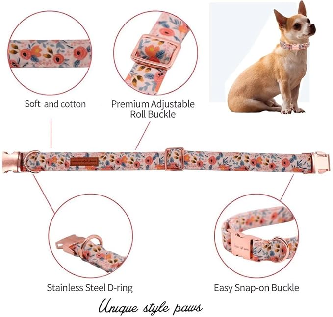 Unique Style Paws Pink Rose Collar Metal Buckle Dog Collar Flower Gift Durable Cute Collar for Small, Medium, Large Dogs