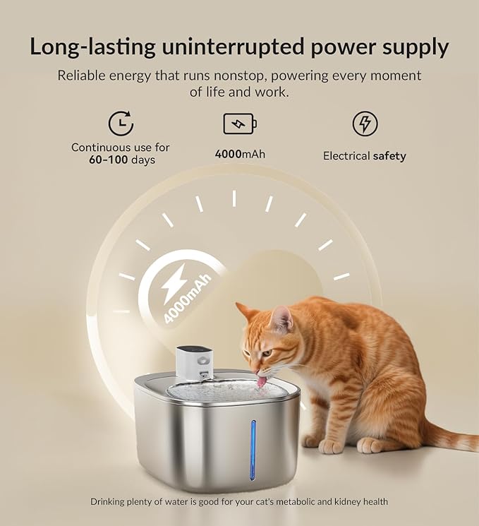 Wireless Cat Water Fountain Stainless Steel,135floz/4L Battery Operated Automatic Pet Fountain,Cordless Cat Water Dispenser Pet Drinking Water Fountain for Multicat Cats Dog Outdoor