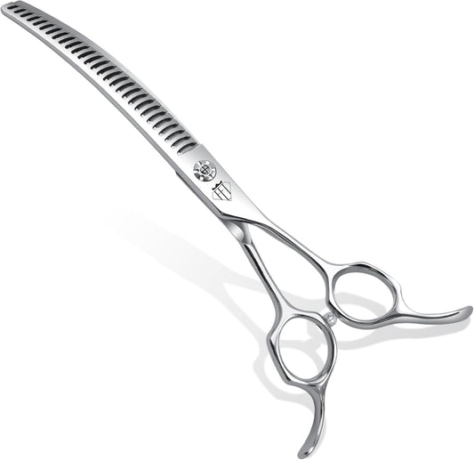 Professional Curved Thinning Scissors for Dog Grooming, 30-Degree Curvature, Japanese 440C for Trimming Dogs Cats and Other Pets face and paws (Curved Chunker)