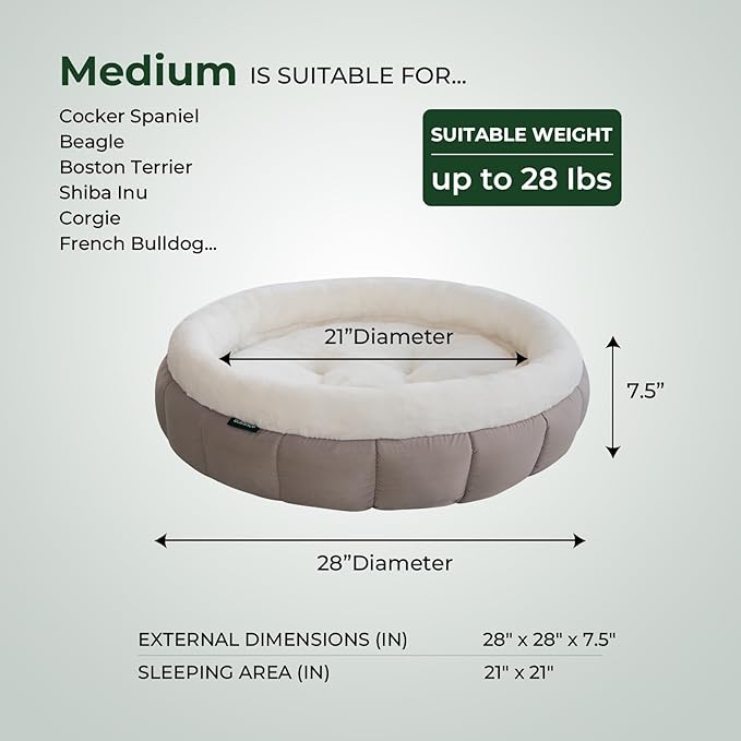 BALANCE Cat Beds for Indoor Cats, Washable Round Dog Bed, Donut Dog Bed with Anti-Slip Bottom for Small Dogs, 28 Inches, Goat