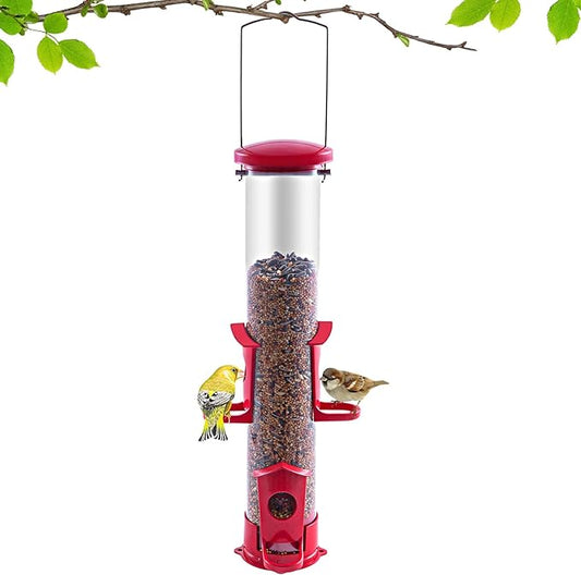 Tube Bird Feeder for Outdoors Hanging Finch Feeders for Outsides Metal 4 Ports & U Perches Squirrel Chew Proof, Removable Base, Easy to Fill & Clean, Red Attracts More Wild Birds