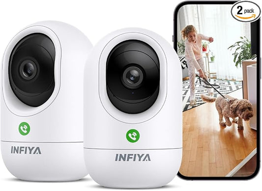 2K Security Camera Indoor-360 Cameras for Home Security and One-Tap Call, Elderly/Cat/Baby/Nanny, Motion Alert, Intelligent Tracking, 2.4GHz WiFi Only, Work with Alexa/Google Home, K7 2Pack