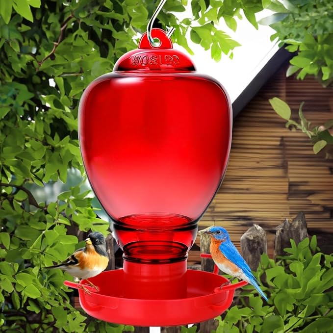 Colorful Glass Wild Bird Waterer 32 Oz Bird Water Feeder for Outdoors Garden Outside Water Cooler Tree Yard Decoration (Red Flower)