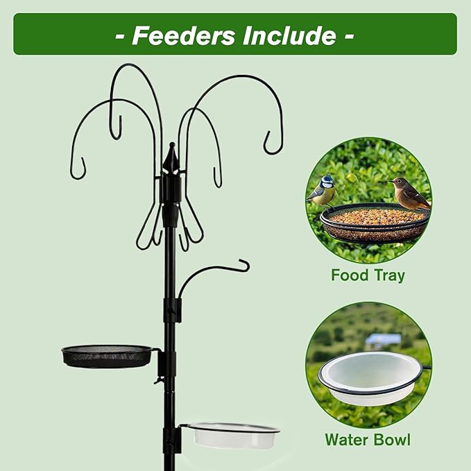 Bird Feeder Pole, 75 Inch 5 Hooks Heavy-Duty Feeder and Water Dispenser Shepherd, Bird Feeding Station with Ground Stake for Outdoors Shepherd Hook