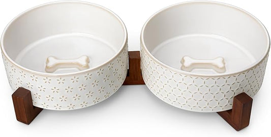 MALACASA Dog Bowl Set with Walnut Wood Stand, 6 Cups Ceramic Pet Bowls for Puppy Dogs, Dual Food and Water Bowls with Non-Slip Base, Basic Bowls for Your Dog, Five-Leaf Grass & Honeycomb