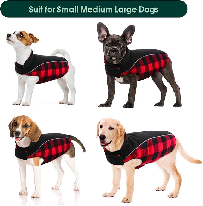 Kuoser Dog Winter Coat, Reversible Waterproof Dog Jacket with Reflective Strip, Warm Dogs Fleece Vest Adjustable Doggy Cold Weather Clothes Plaid Christmas Outfit Pet Apparel for Large Dogs, Red L
