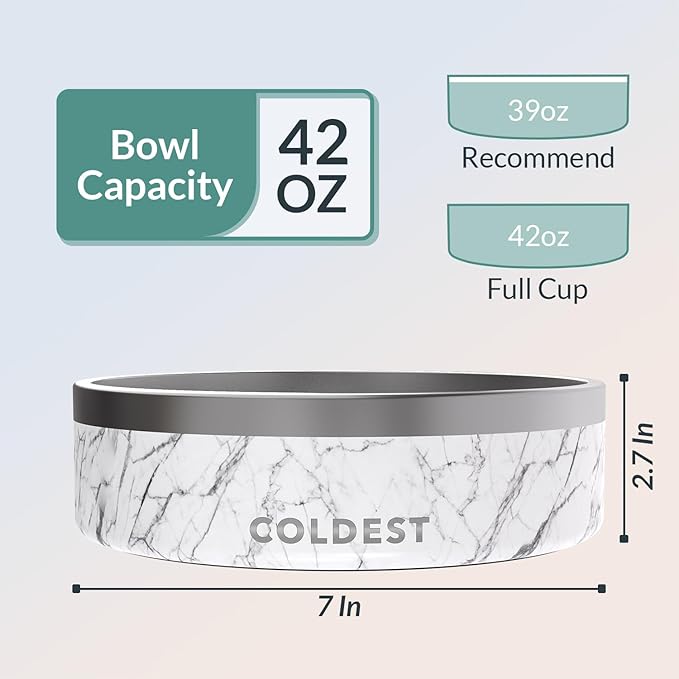Coldest Dog Bowl - Anti Rust Metal & Non Slip Dog Bowls Large, Spill Proof Heavy Duty 3 Layers Insulated Dog Bowl - Food and Water Bowl for Dogs, Cats & Pets, Dishwasher Safe (42 oz, Carrara Marble)