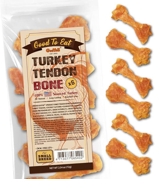Gootoe Turkey Tendon Dog Treats, Bone (S) 6 Pieces per Pack, USA-Sourced Turkey Tendon, Natural Snack, Premium Puppy Chews, Hypoallergenic, Reseal Value Bags, Sizes for Small Dogs