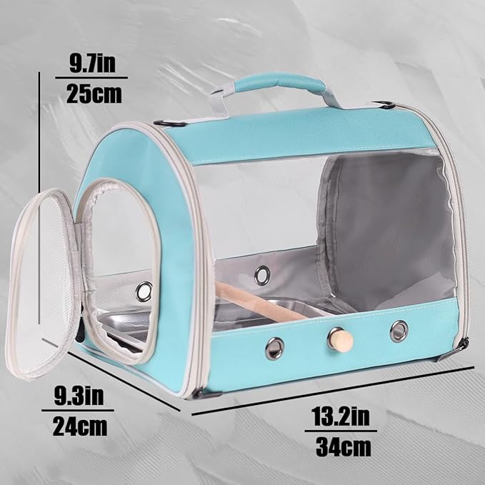 Long Tail Portable Bird Travel Carrier Cage with Metal Tray Soft Mat and Wooden Standing Perch, Hands Free Lightweight Clear 2 Windows Carry Bag for Parakeet Budgies Cockatiel Transport to Vet