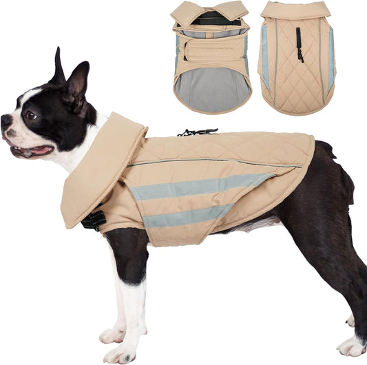 Dog Coat for Large Dogs Waterproof Winter Jacket with Harness Hole Turtleneck Hook & Loop Snowsuit Warm Fleece Dog Jacket for Cold Weather Windproof, Khaki XL
